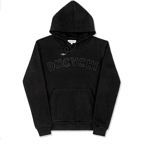 Black hoodie photographed flat to show its front