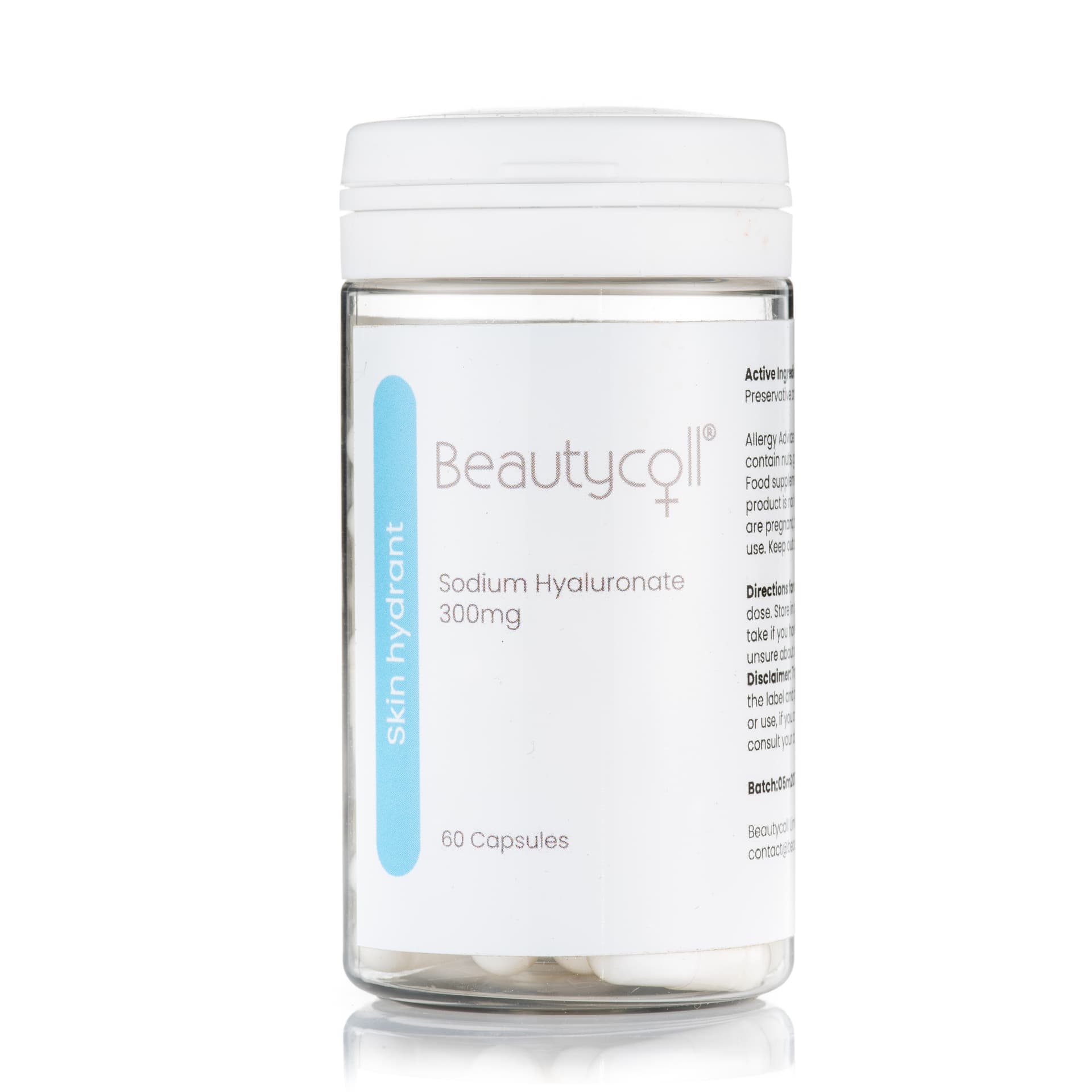 Clear supplement container with a readable front label