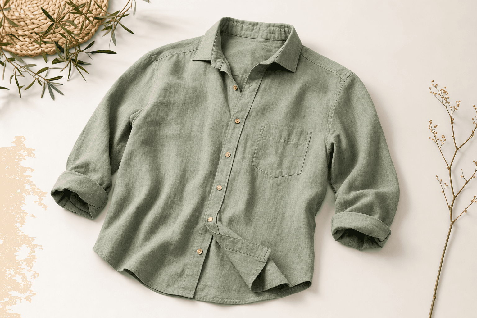 PMP Clothing Studio demonstration of a green shirt laid flat with the sleeves arranged beside it