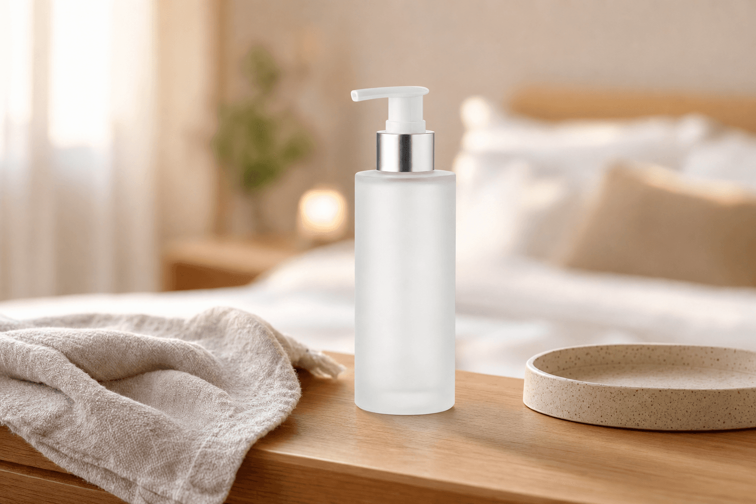 AI Lifestyle demonstration showing a white pump bottle on a wooden bedside table