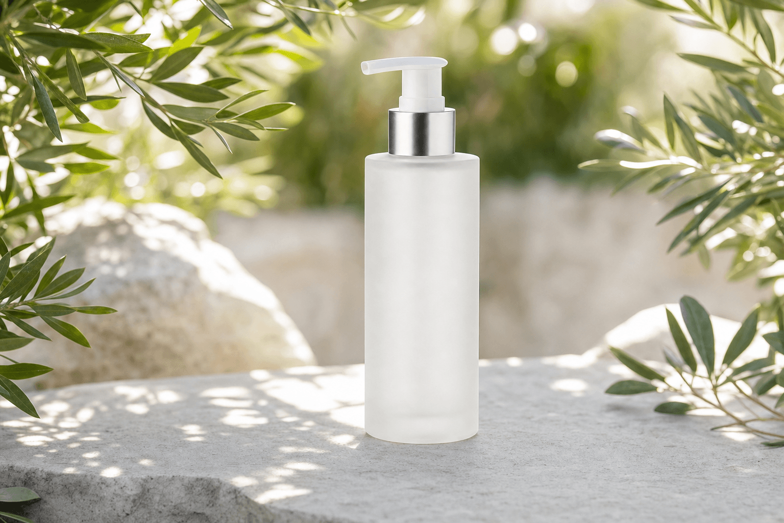 AI Lifestyle demonstration showing a white pump bottle on a sunlit outdoor surface