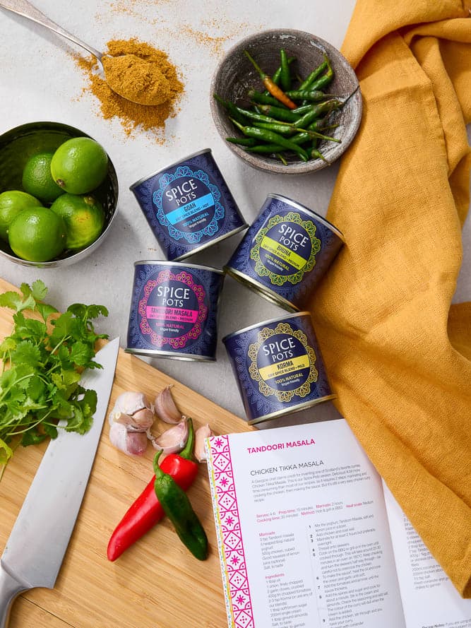 Colourful food products and ingredients in a flat lay