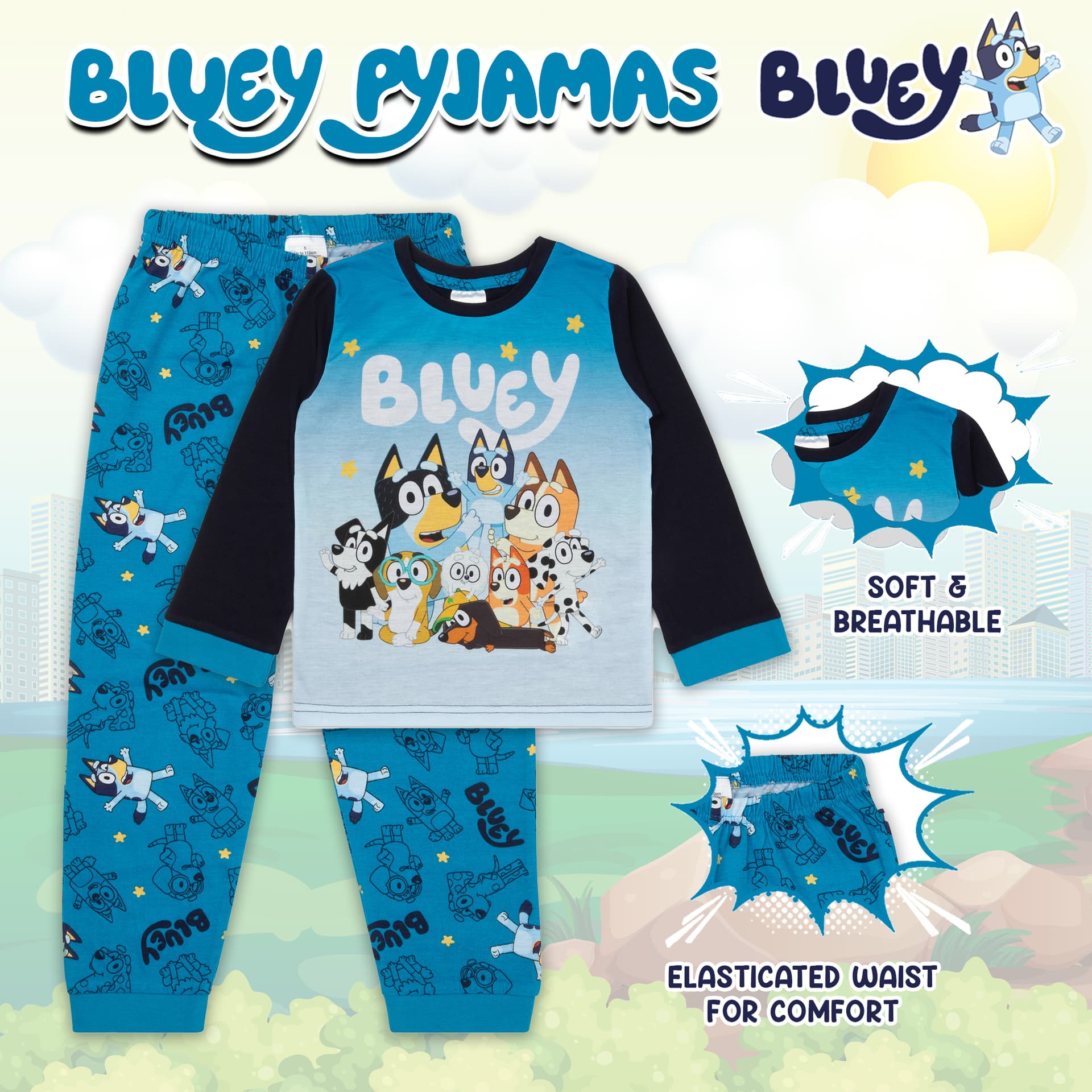 Bluey pyjamas with fabric and fit details