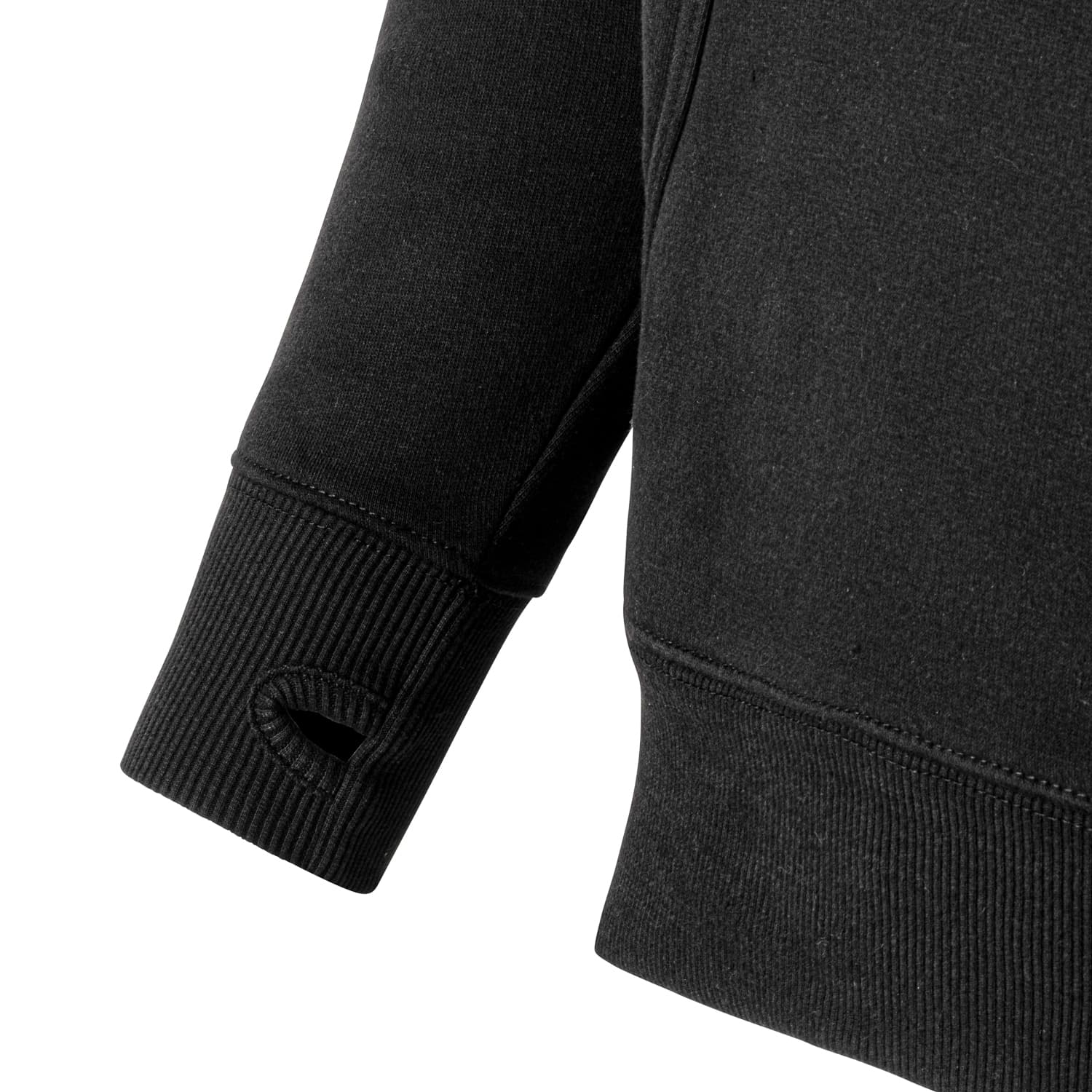 Close view of a dark garment cuff and fabric texture