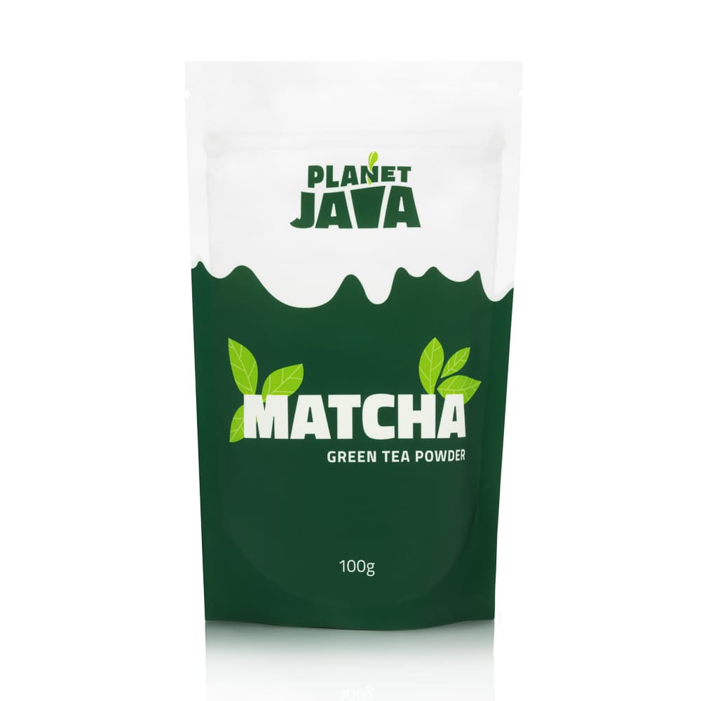 Green matcha pouch photographed on white