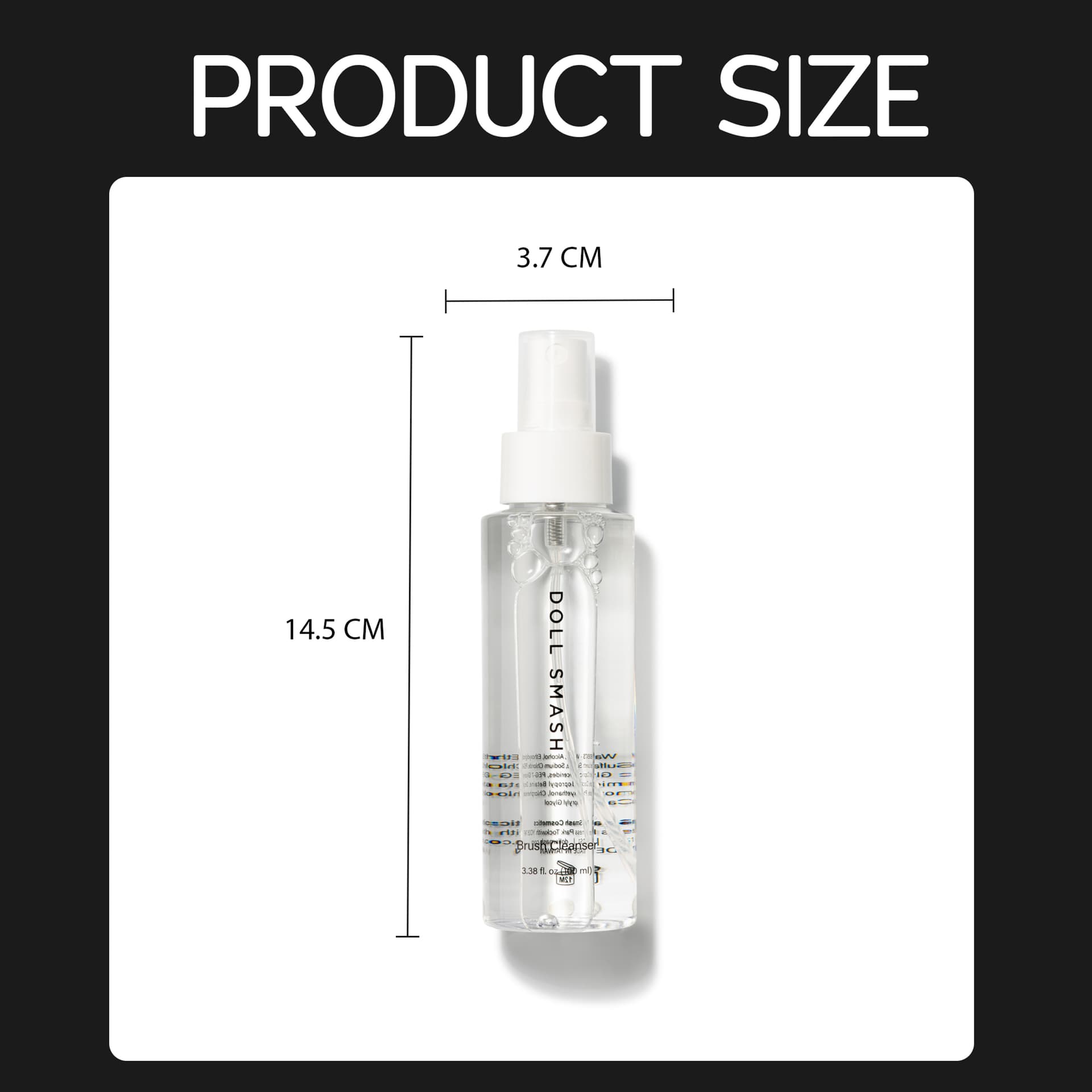 Brush cleaner bottle with height and width measurements shown alongside it