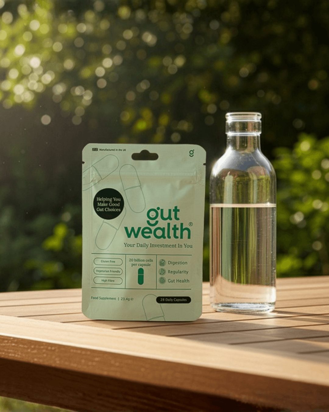 Water bottle and product pouch on an outdoor table