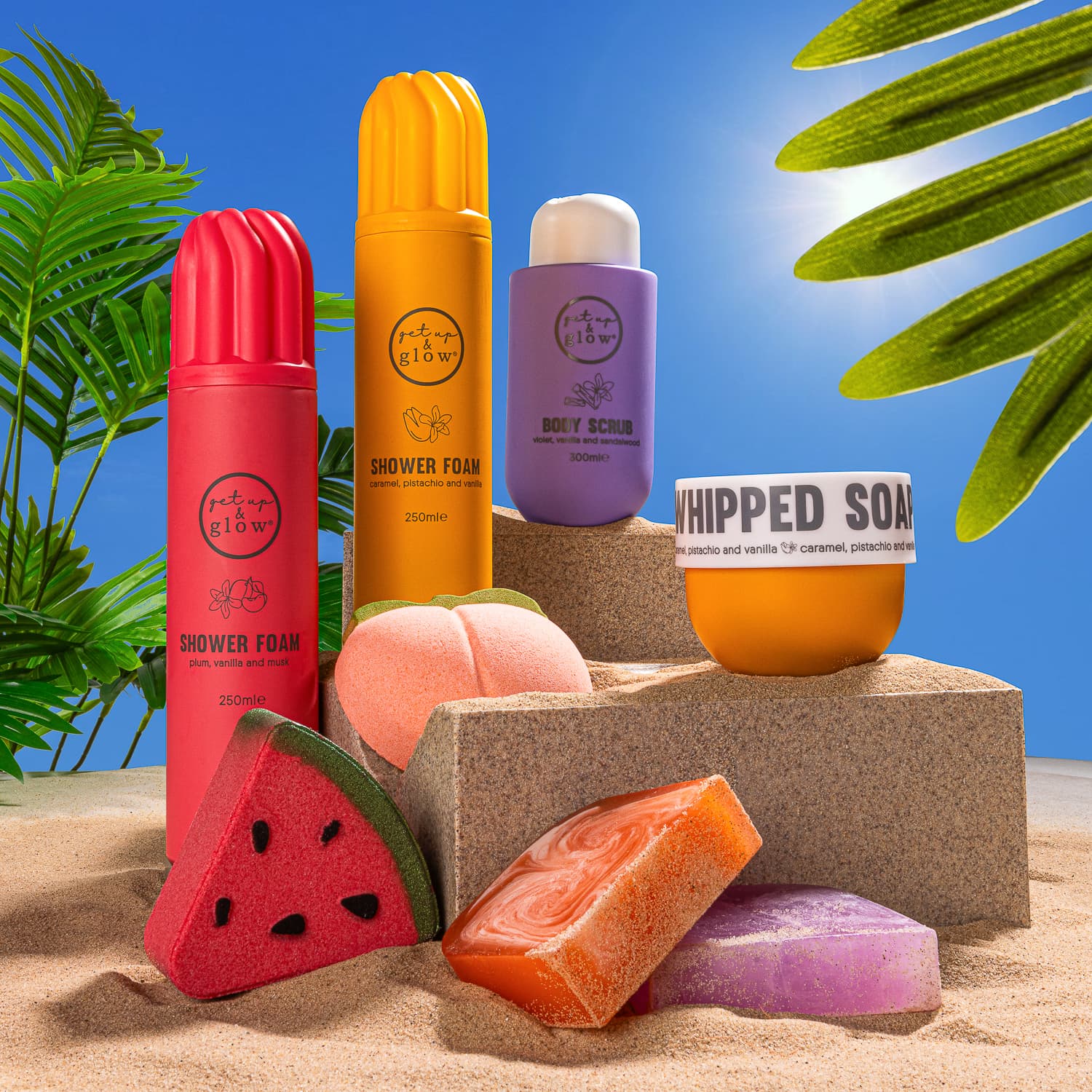 Colourful sun-care products in a tropical campaign scene