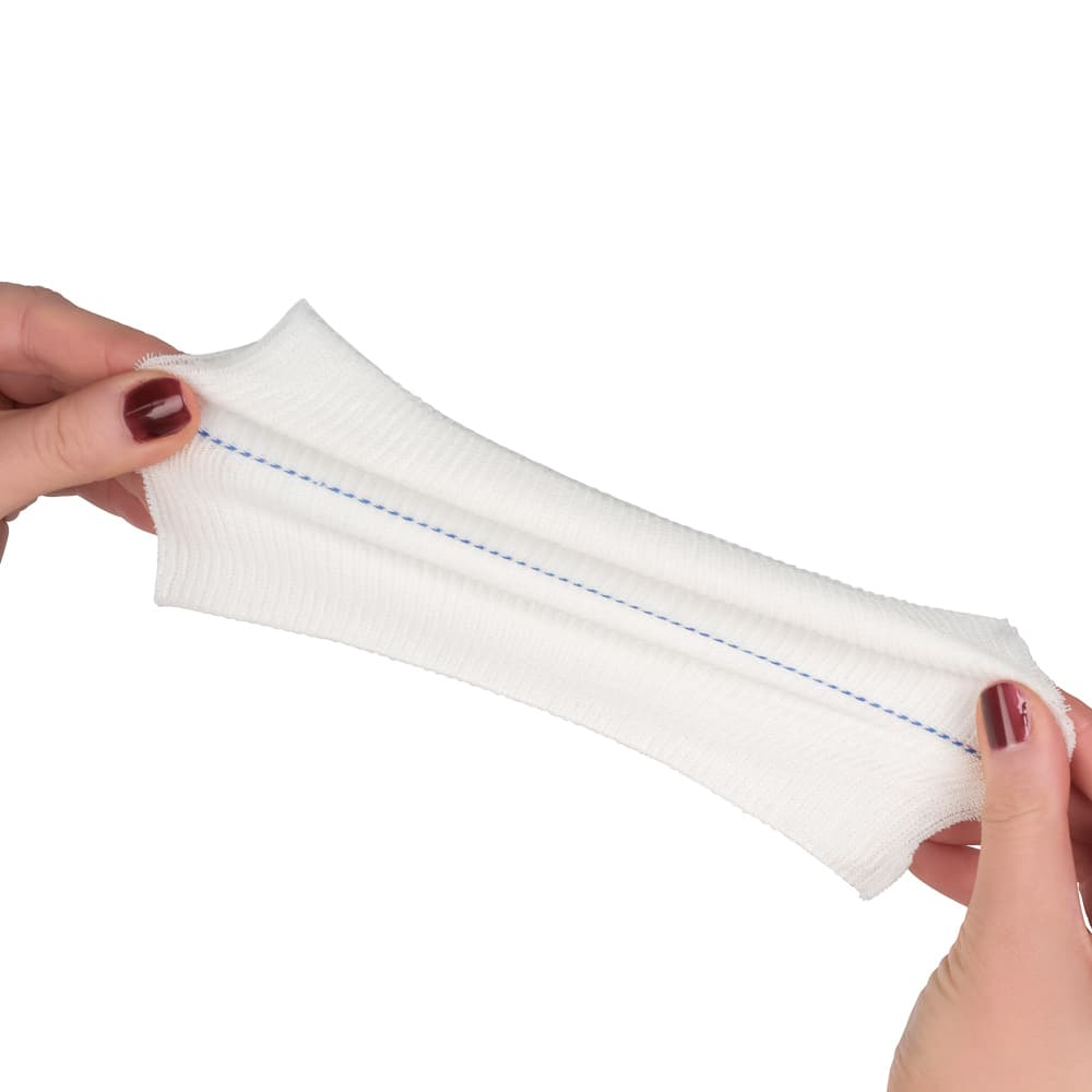 Hands showing the stretch of a light fabric product