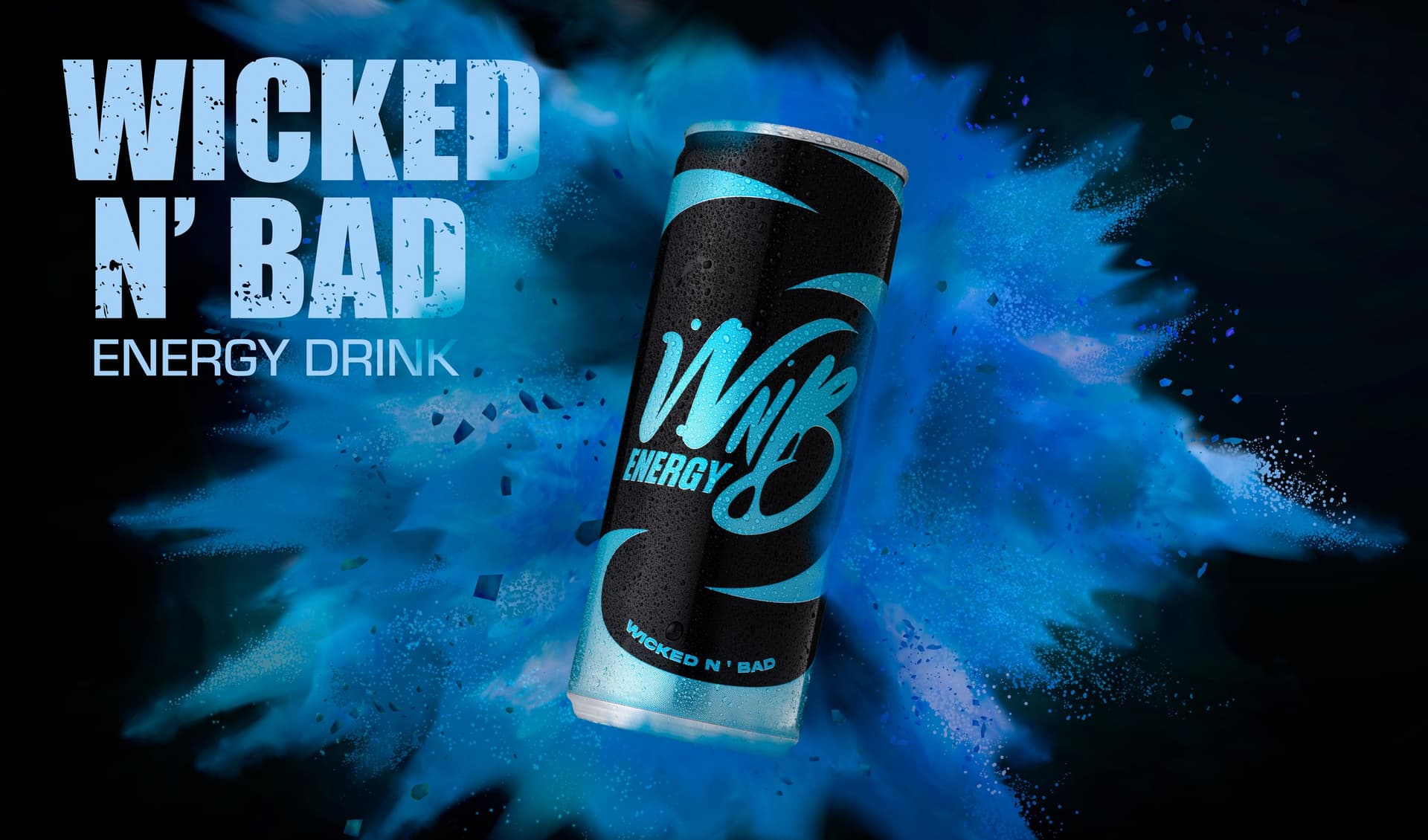 Energy drink can in a dark blue campaign composition