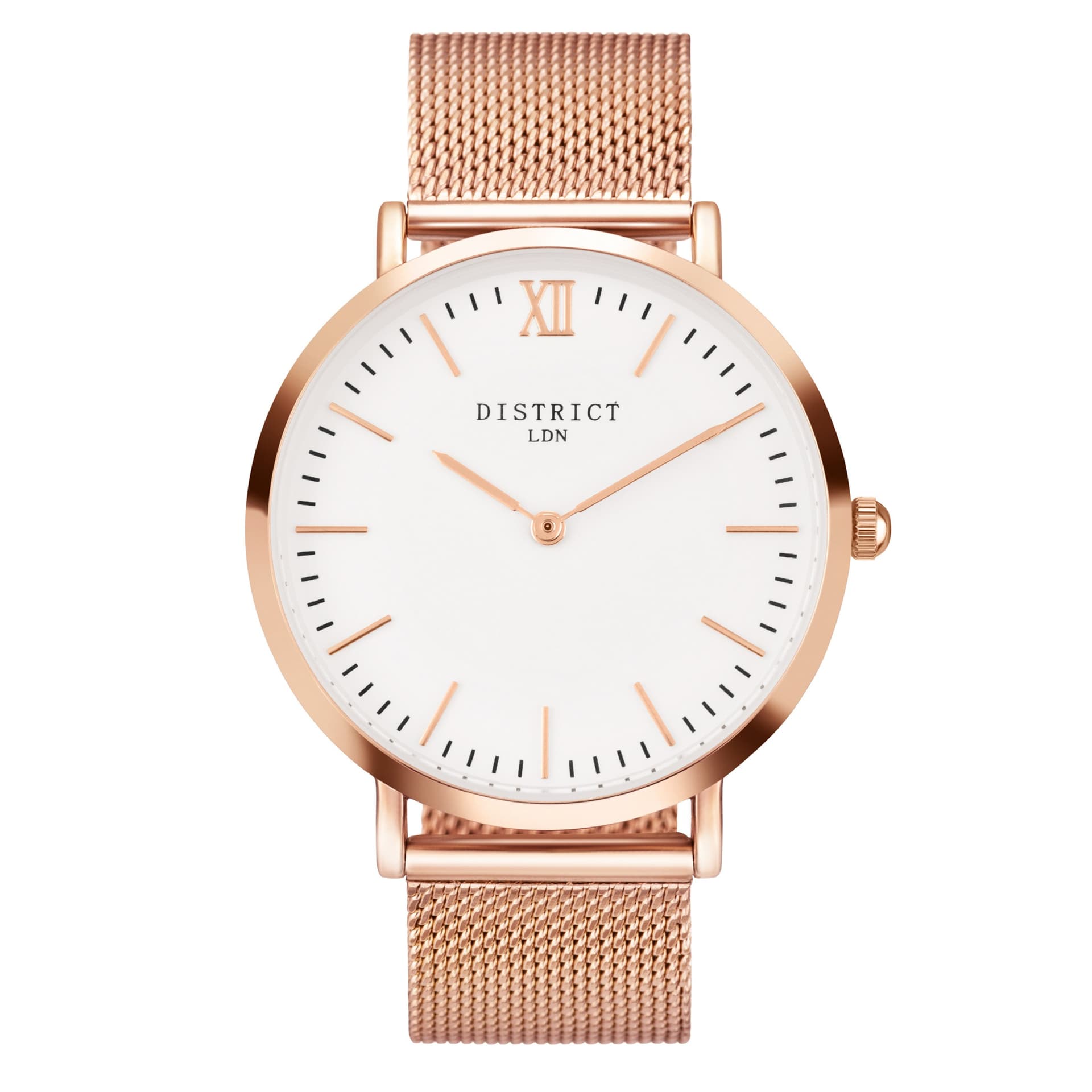 Rose gold watch on white, with the face, mesh strap and metal finish clearly visible
