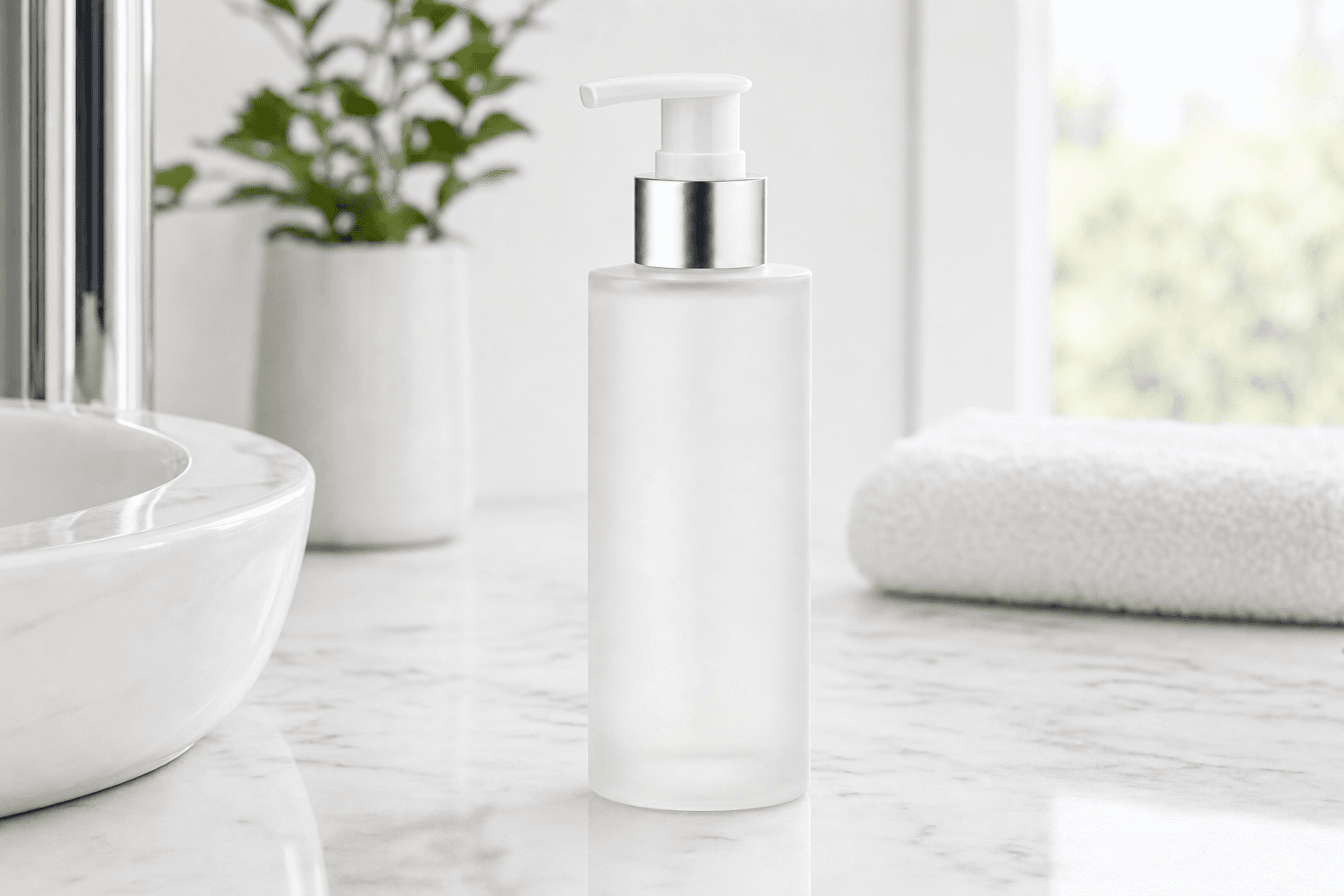 AI Lifestyle demonstration showing a white pump bottle beside a bathroom basin and folded towel