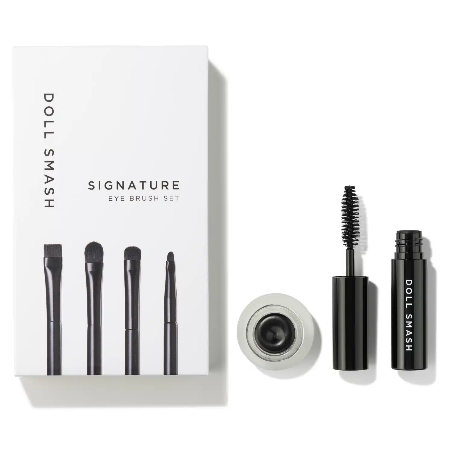 Mascara product, brush and white retail box