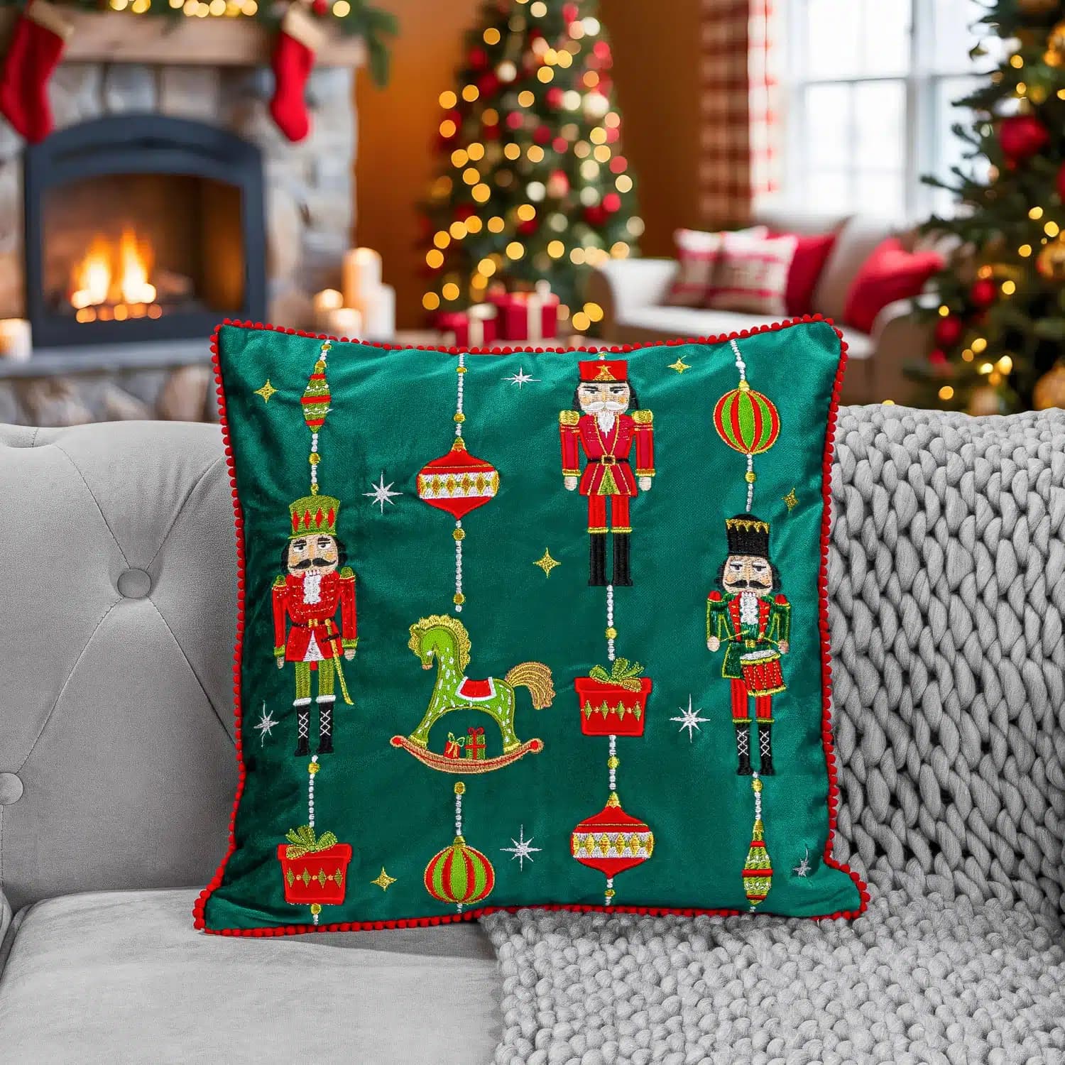 Green festive cushion in a Christmas living-room setting