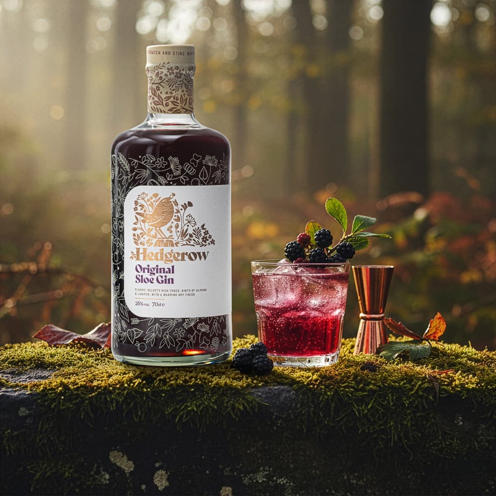 Gin bottle and glass in a digitally styled woodland setting